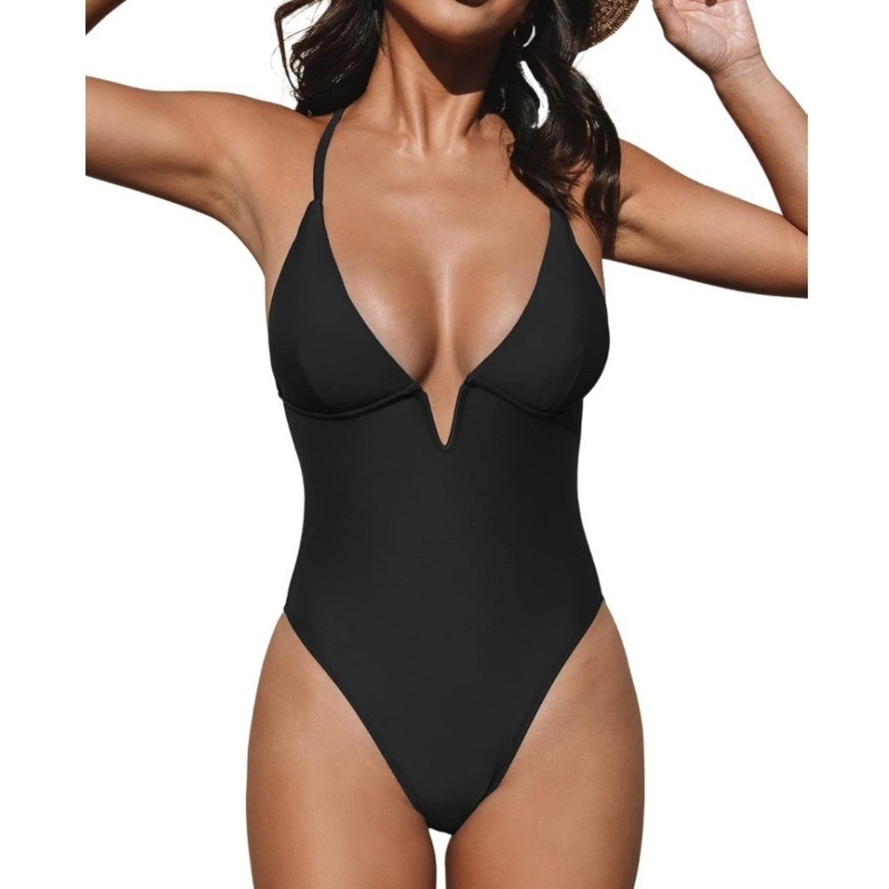 Cupshe Women Black Deep V-Neck One Piece Swimsuit High Cut Size Medium